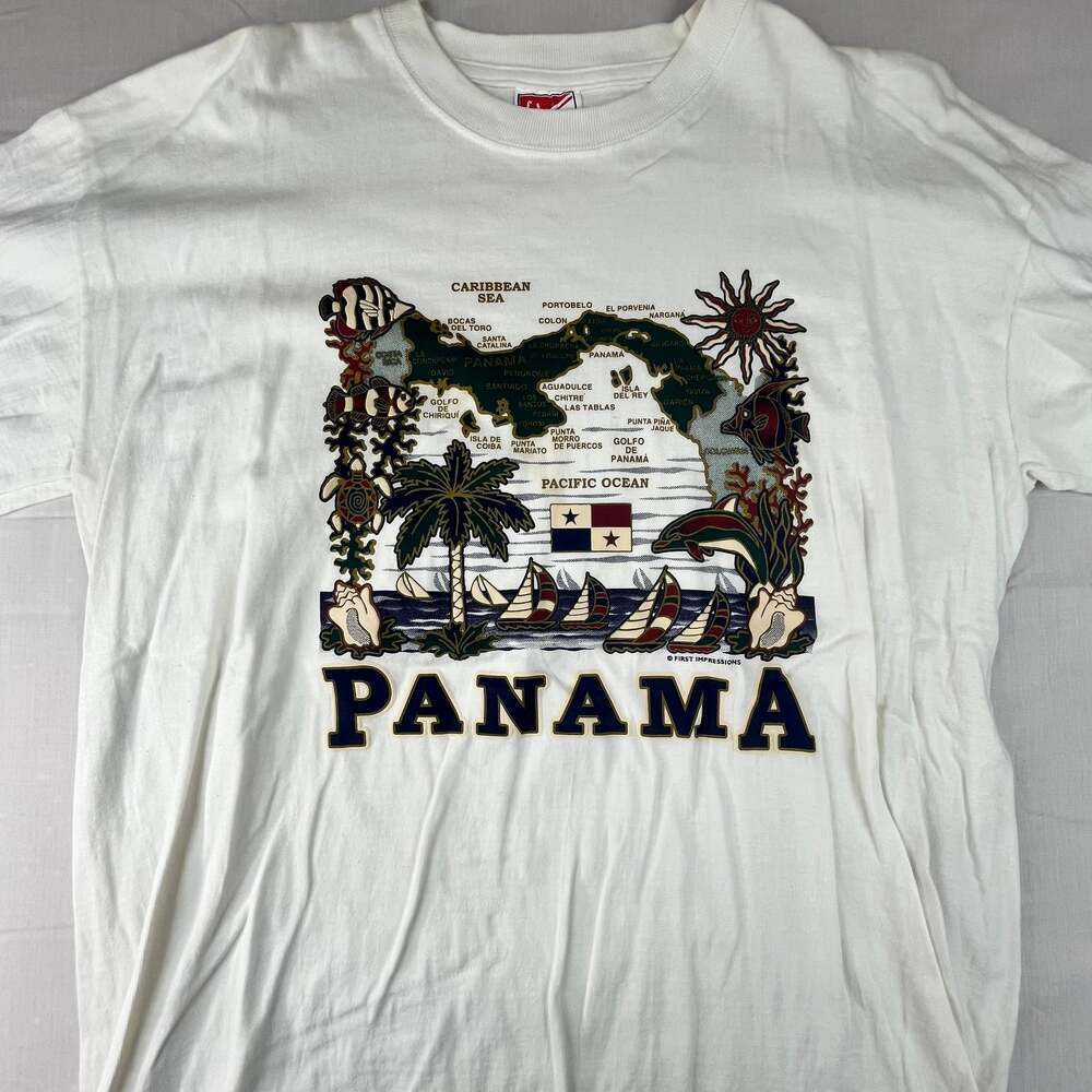 Panama Canal Men T-Shirt XL White Vintage Boxy Sabatini Tourist 90s